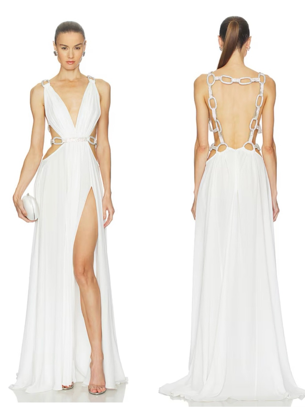 NEW BRONX AND BANCO Elegant White Cutout Plunge Brielle Diamond Gown